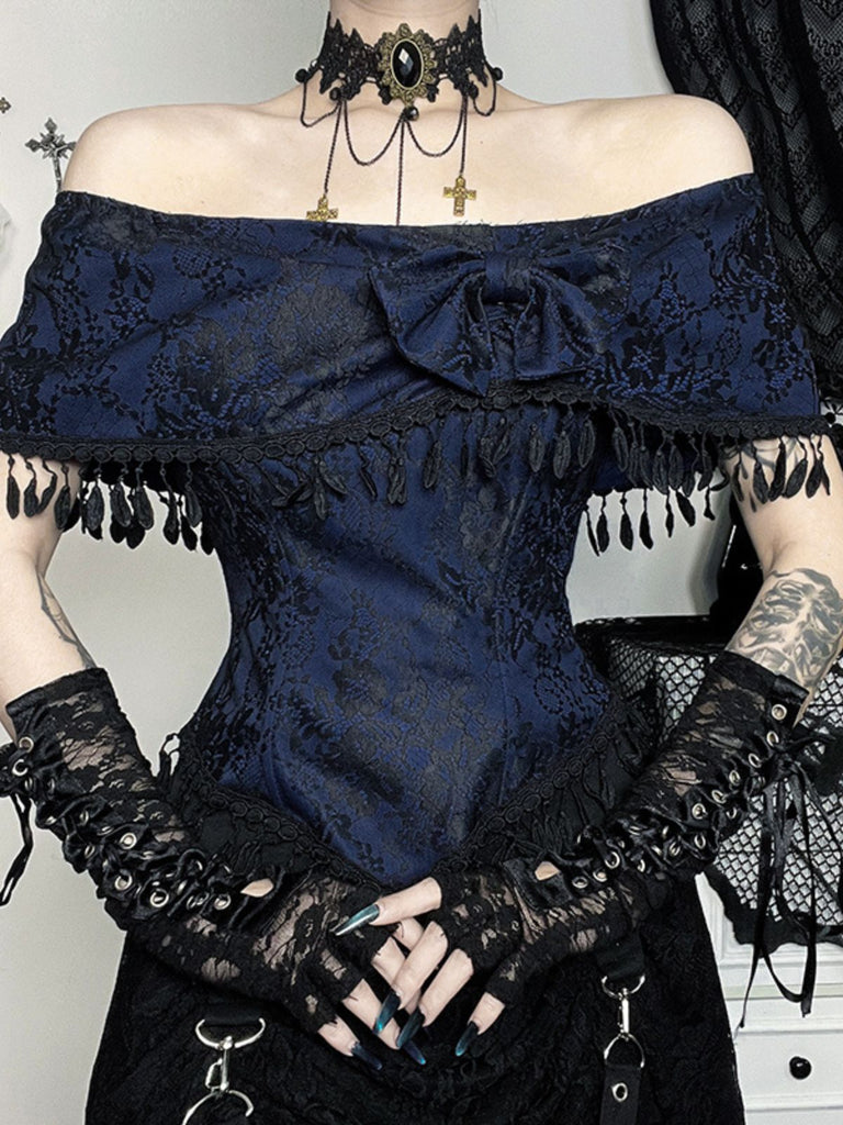 Dark Blue 1930s Halloween Off-Shoulder Lace Tassel Top