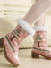 Vintage Christmas Tree Snowflake Plush Chunky Heel Boots