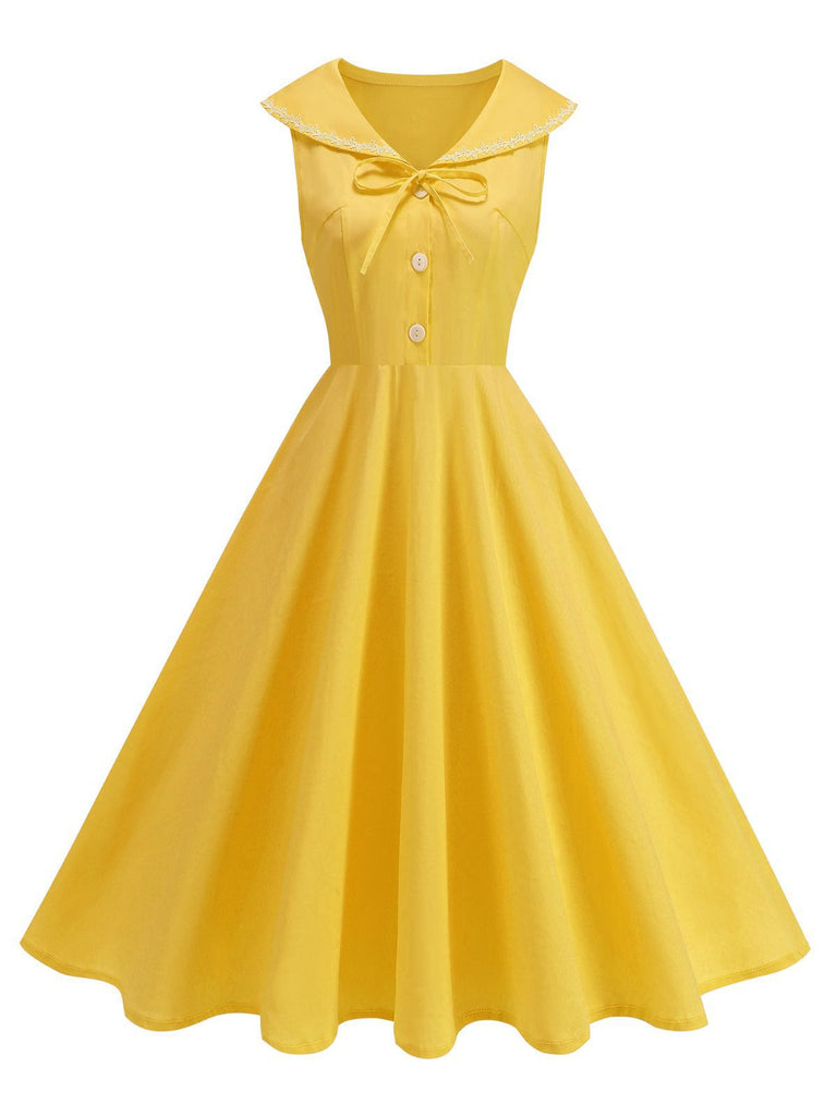 1950s Sailor Collar Bow-Tie Solid Sleeveless Dress