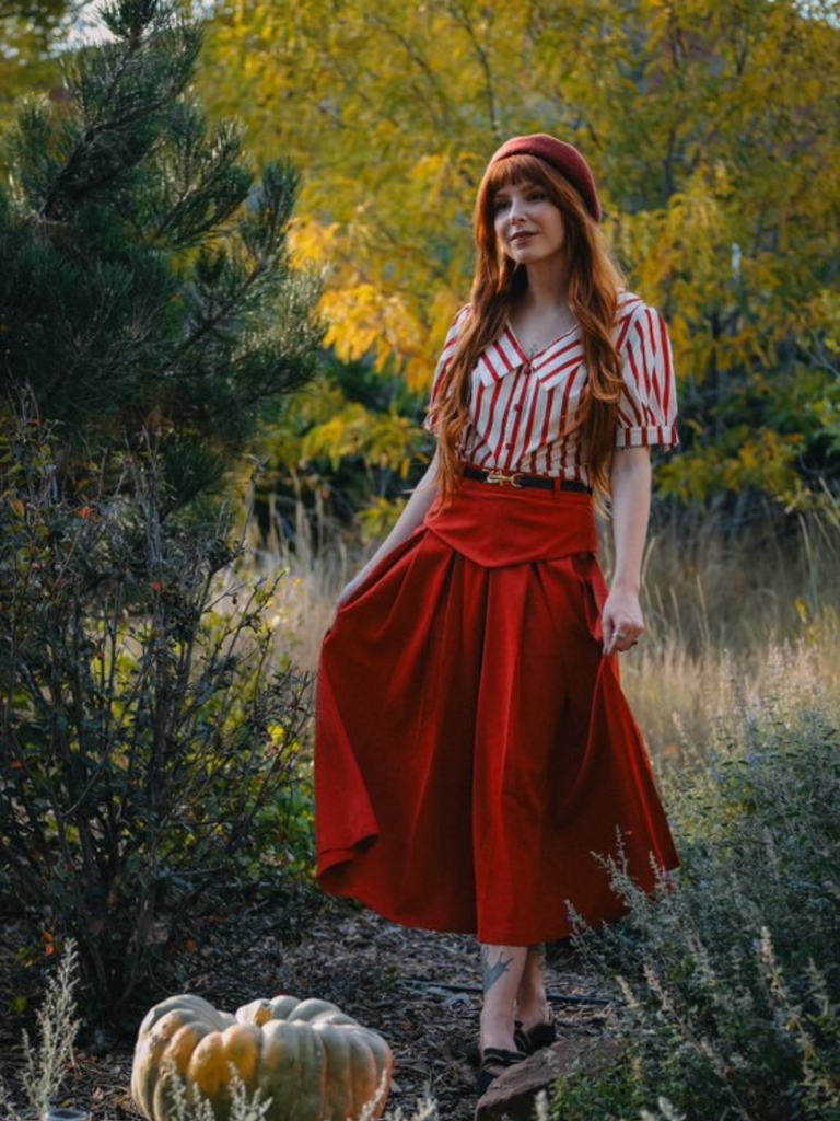 2PCS Orange Red 1950s Striped Blouse & Pleated Skirt