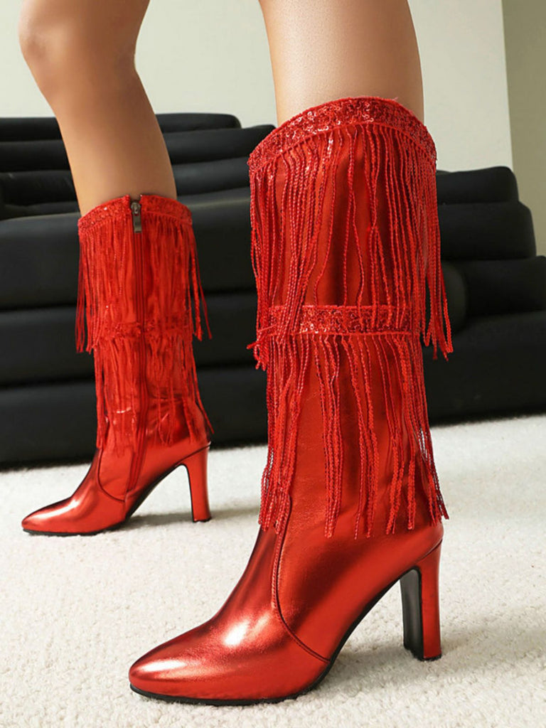 Metallic Pointed-toe Fringe Block-heel High Boots