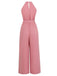 Pink 1940s Halter Slit Solid Belted Jumpsuit