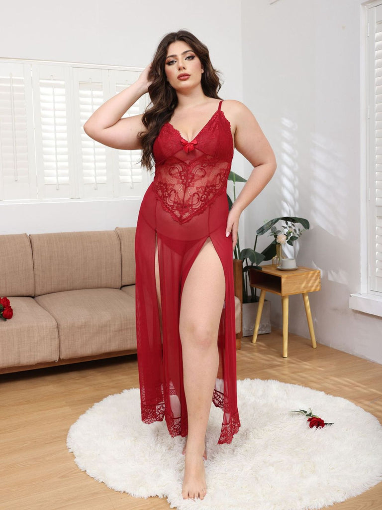 [Plus Size] 1930s Mesh Lace Suspenders Slit Nightgown