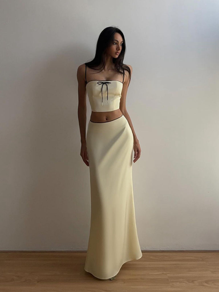 2PCS Yellow 1930s Spaghetti Straps Bow Top & Skirt