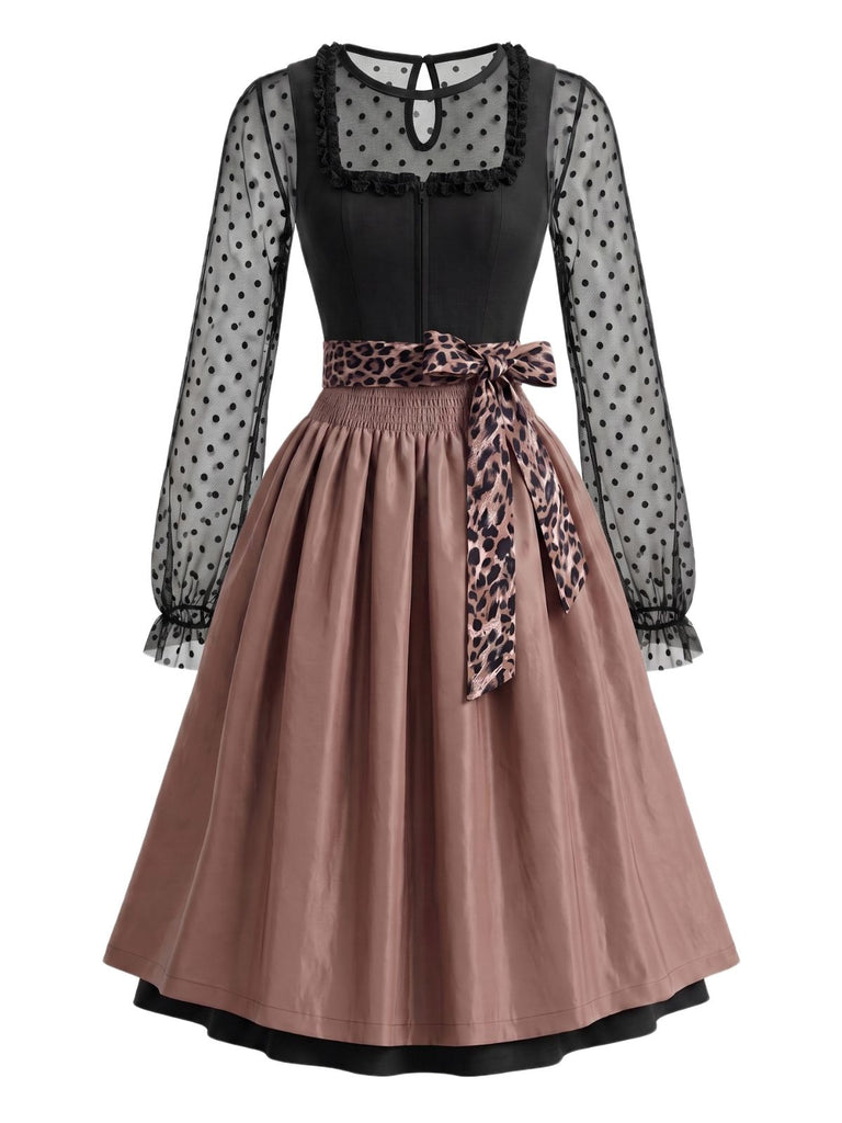 3PCS 1950s Polka Dot Crop Top & Dress With Leopard Apron