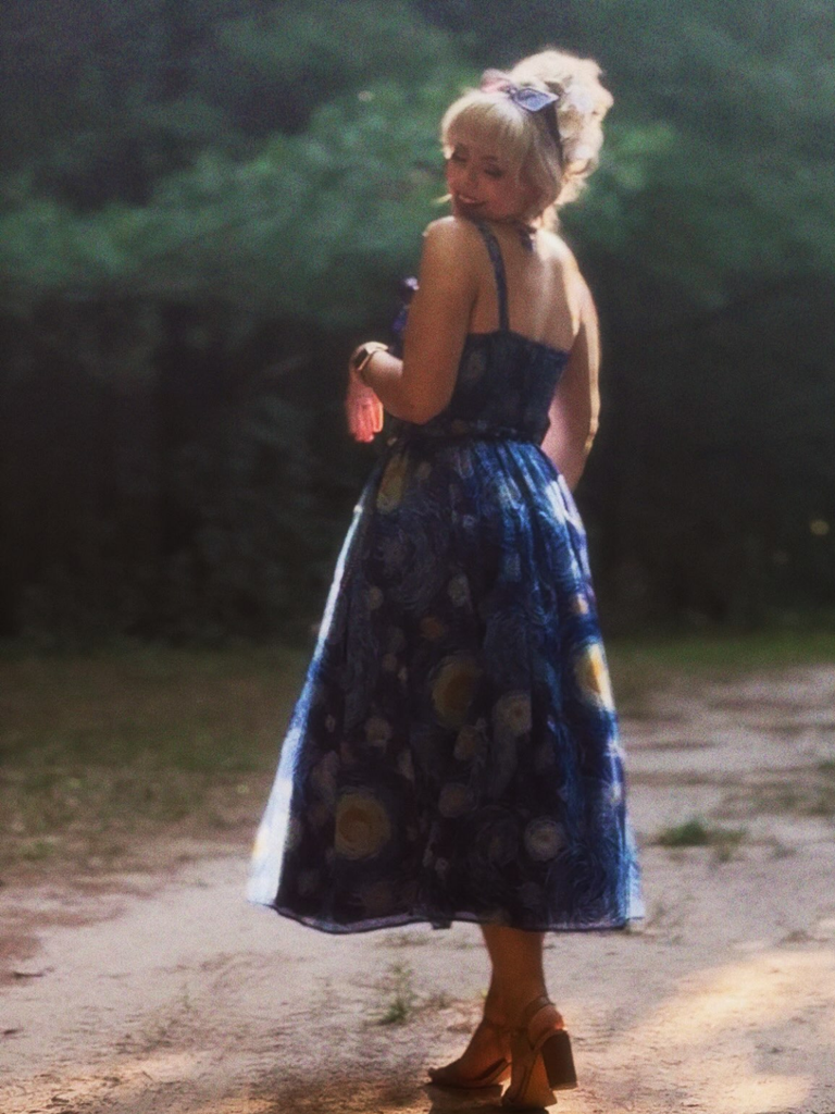 Blue 1940s Square Neck Starry Night Bow Swing Dress