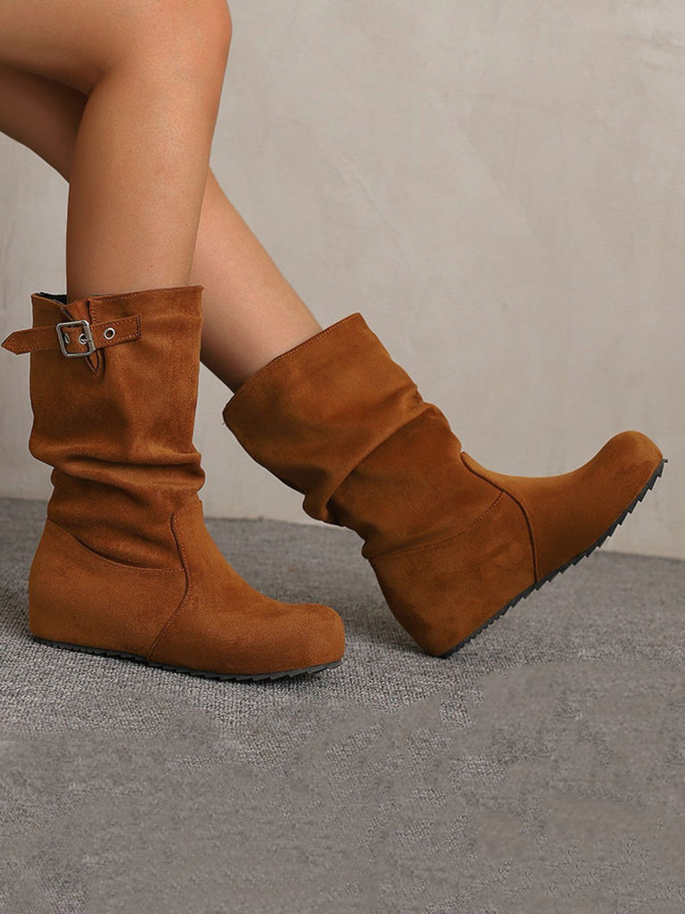 Suede Wedge Buckle Detail Boots