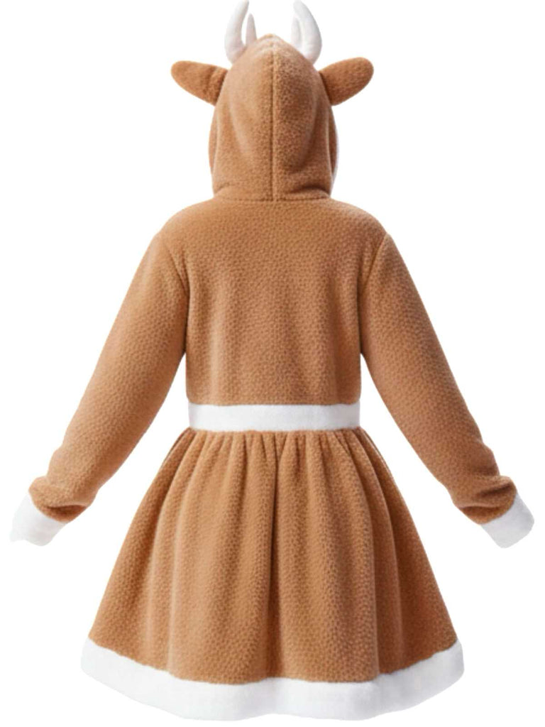 1960s Christmas Reindeer Hooded Coral Fleece Dress