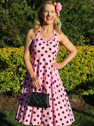 1950s Halter Contrast Polka Dots Belted Dress, vintage dress, retro fashion, rockabilly, pin-up fashion - perfect for women who love vintage and retro fashion