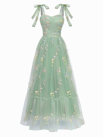 Green 1930s Shoulder Tie Embroidered Floral Mesh Dress