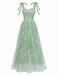 Green 1930s Shoulder Tie Embroidered Floral Mesh Dress