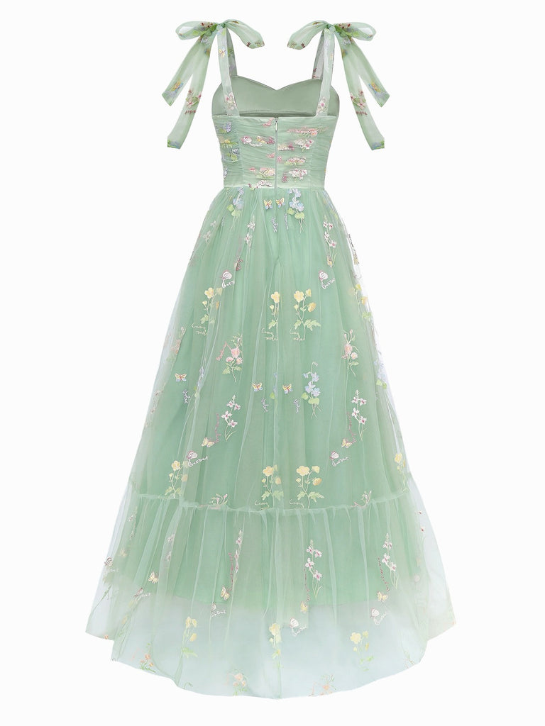 Green 1930s Shoulder Tie Embroidered Floral Mesh Dress
