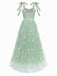 Green 1930s Shoulder Tie Embroidered Floral Mesh Dress