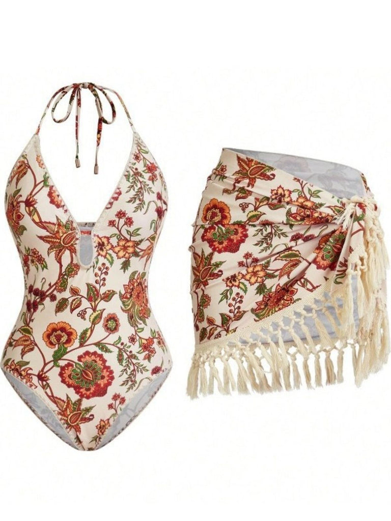 2PCS 1960s Deep V-Neck Fringe Swimsuit & Cover-Up