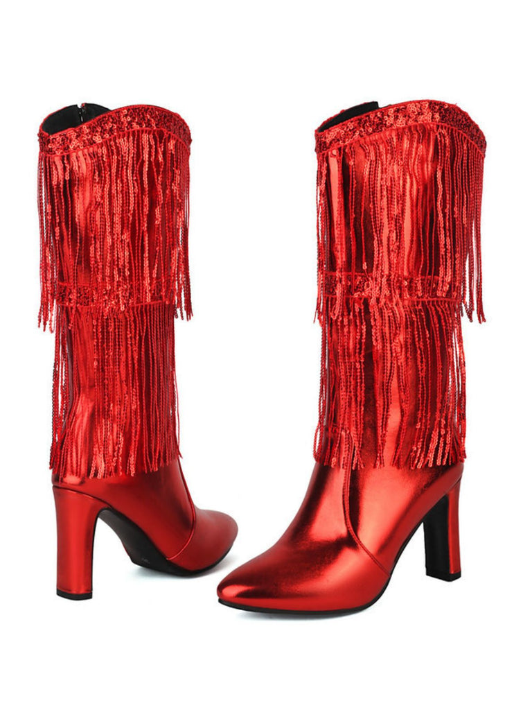 Metallic Pointed-toe Fringe Block-heel High Boots