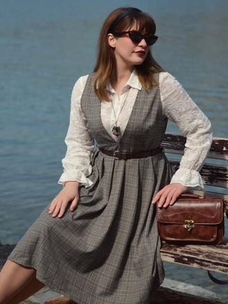 2PCS Grey 1940s V-Neck Plaid Dress & Satin Blouse