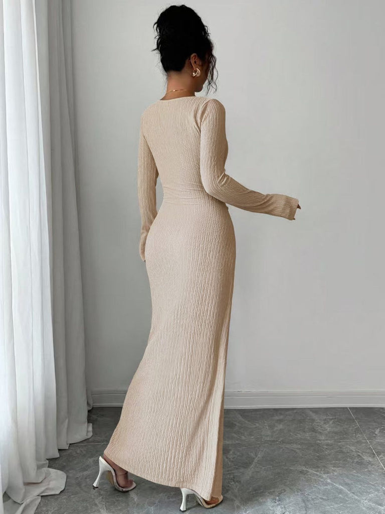 Beige 1930s Ribbed Long Sleeve Split Dress
