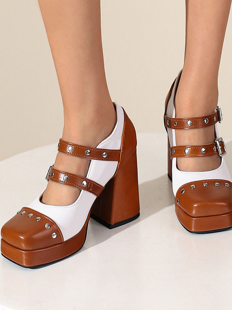 Mary Jane Studded Square Toe Block Heel Shoes
