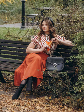 2PCS Orange Red 1950s Striped Blouse & Pleated Skirt