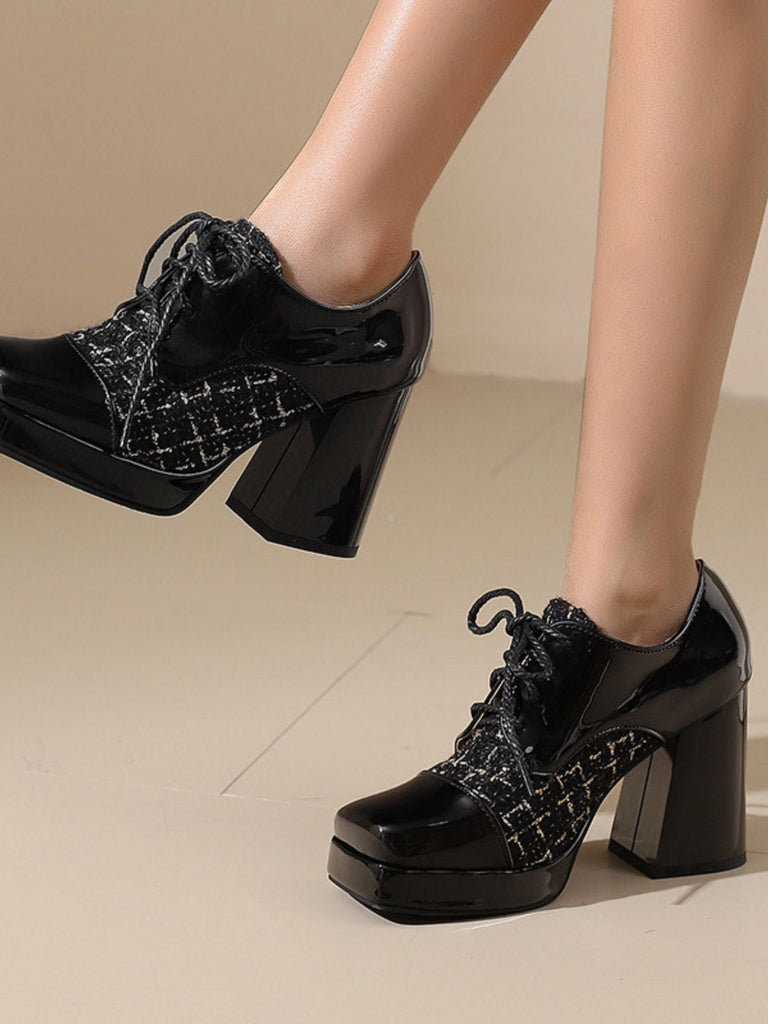 Mary Jane Plaid Square Toe Block Heel Shoes