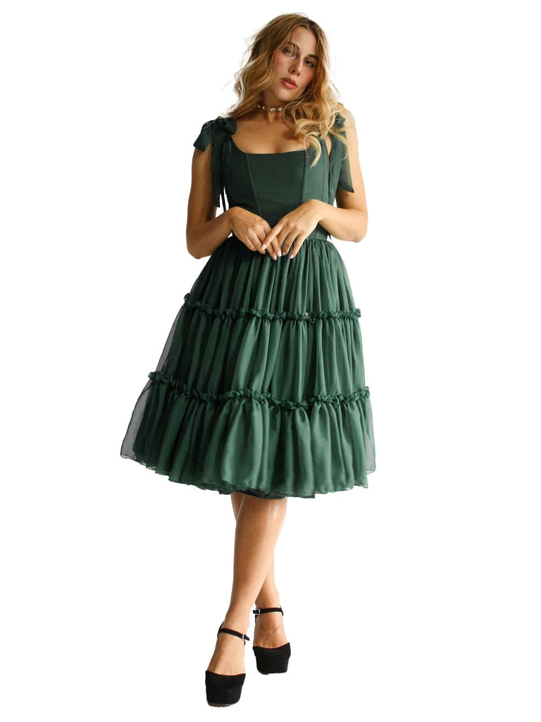 1950s Solid Multi-Layered Ruffle Tulle Dress