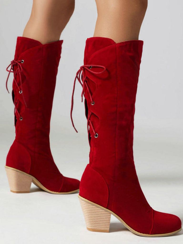 Suede Knee Lace-Up Block Heel Boots