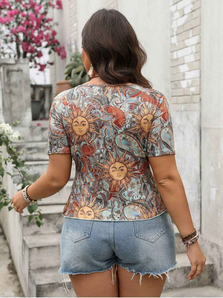 [Plus Size] Multicolor 1970S Boho Sun Print Bow Front Top