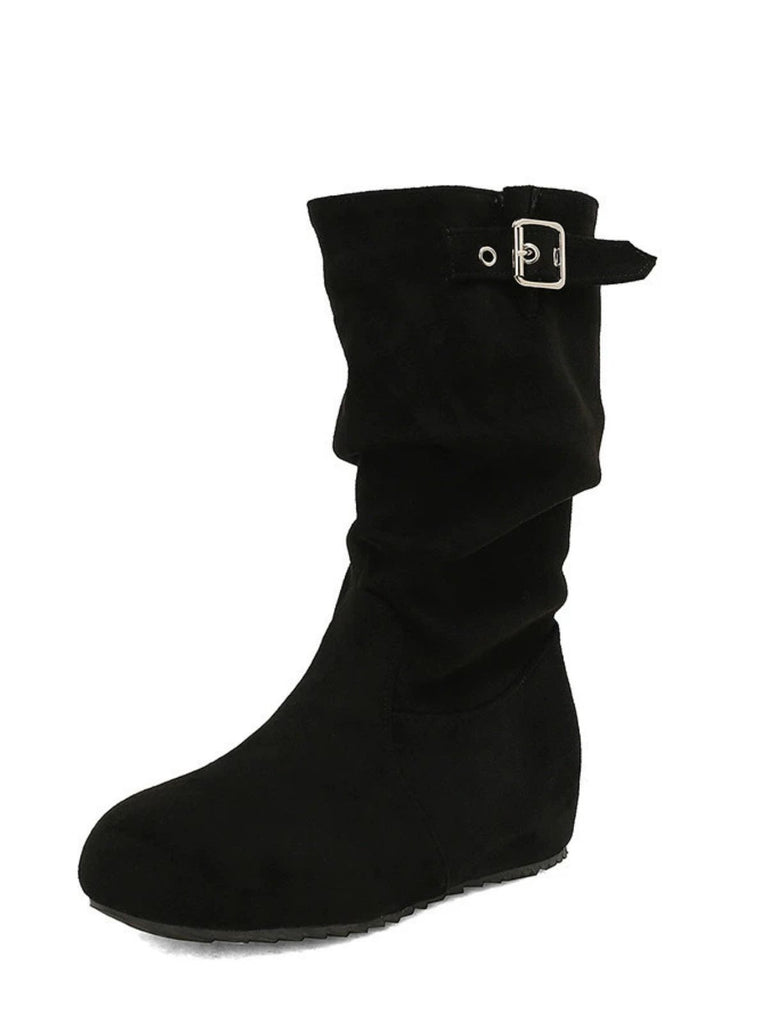 Suede Wedge Buckle Detail Boots
