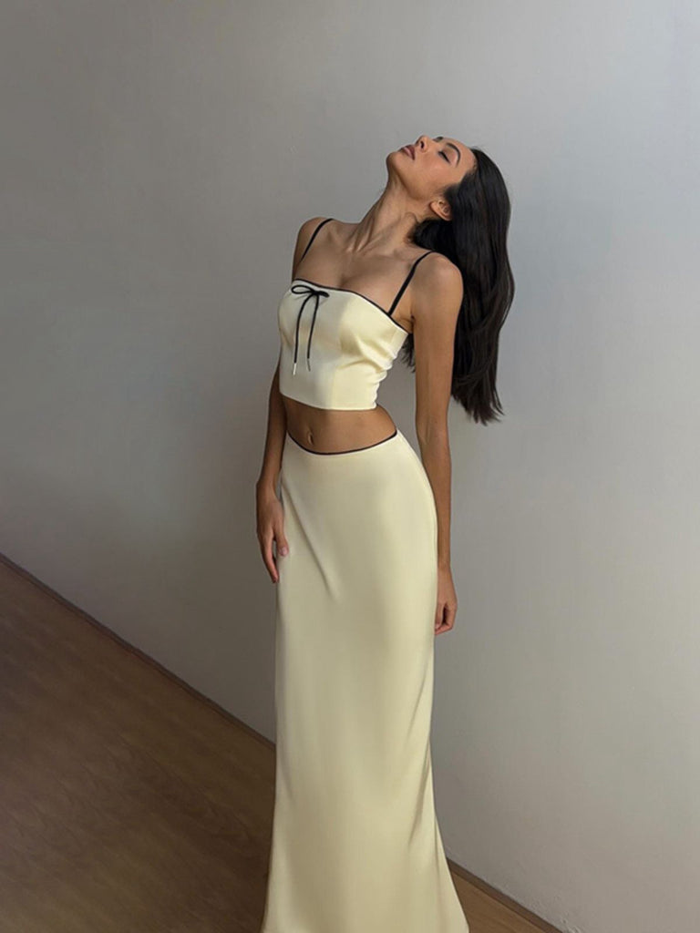 2PCS Yellow 1930s Spaghetti Straps Bow Top & Skirt