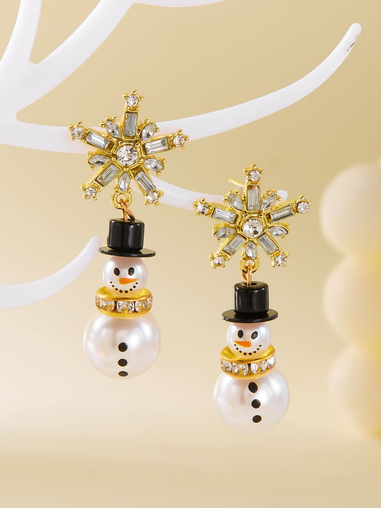 Christmas Rhinestone Snowflake Pearl Hat Snowman Stud Earrings