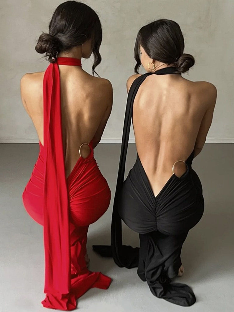 1980s Solid One-Shoulder Evening Backless Dress with Train