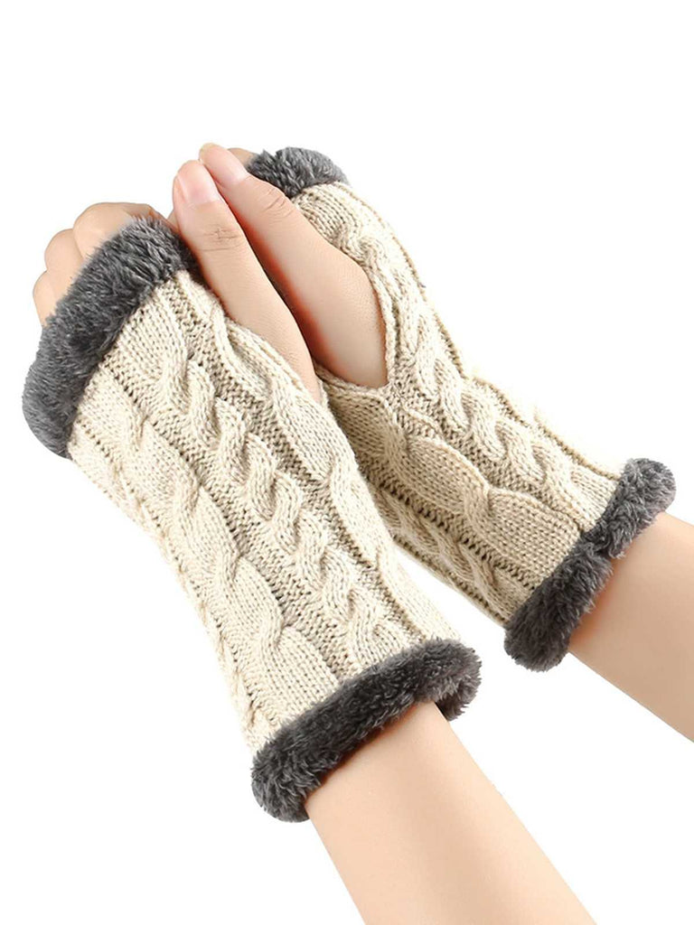 Winter Faux Fur Trim Knit Fingerless Gloves