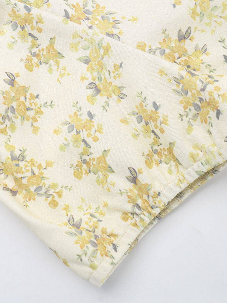 Yellow 1960s Floral Puff Sleeves V-Neck Dress
