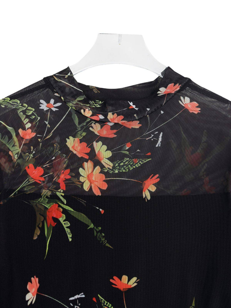 Black 1930s Floral Mesh Ruffle Maxi Dress