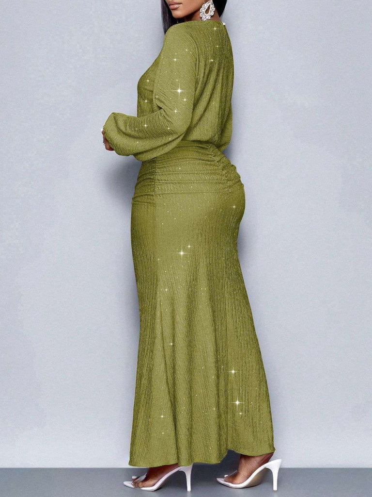 1930s Glitter Ruched Lantern Sleeve Knit Fishtail Dress
