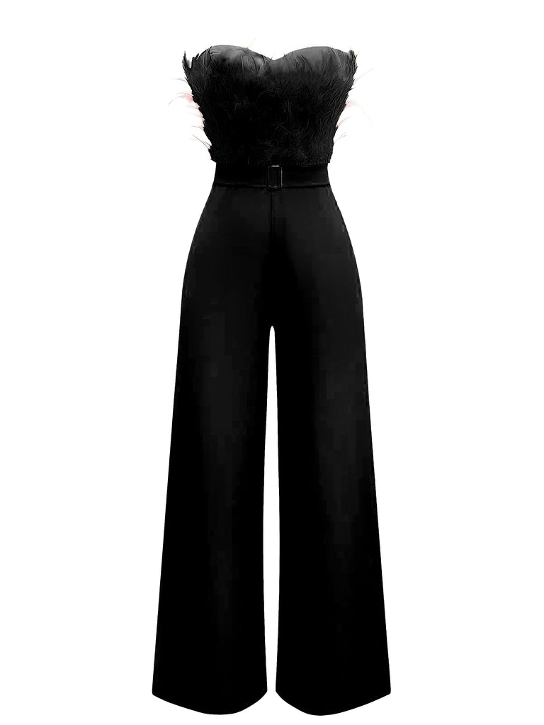 1970s Strapless Feather Solid Jumpsuit