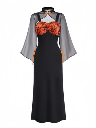 Orange 1940s Floral Lace Dress With Cape & Hat