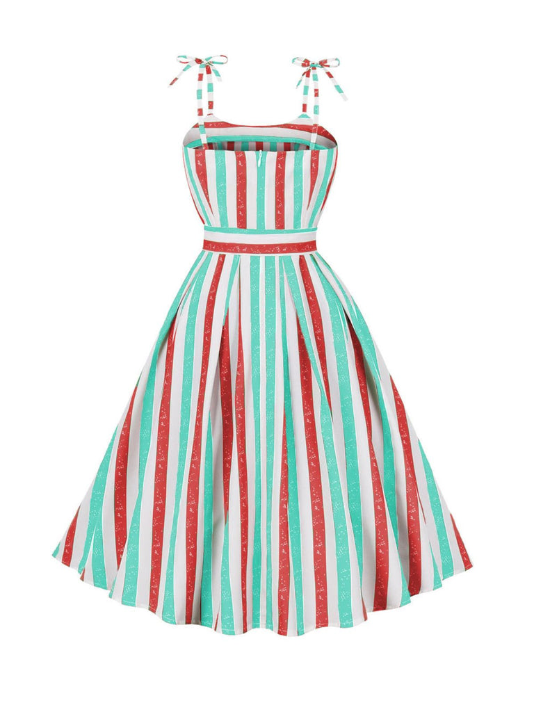 Pink 1950s Shoulder Tie Belted Stripes Dress