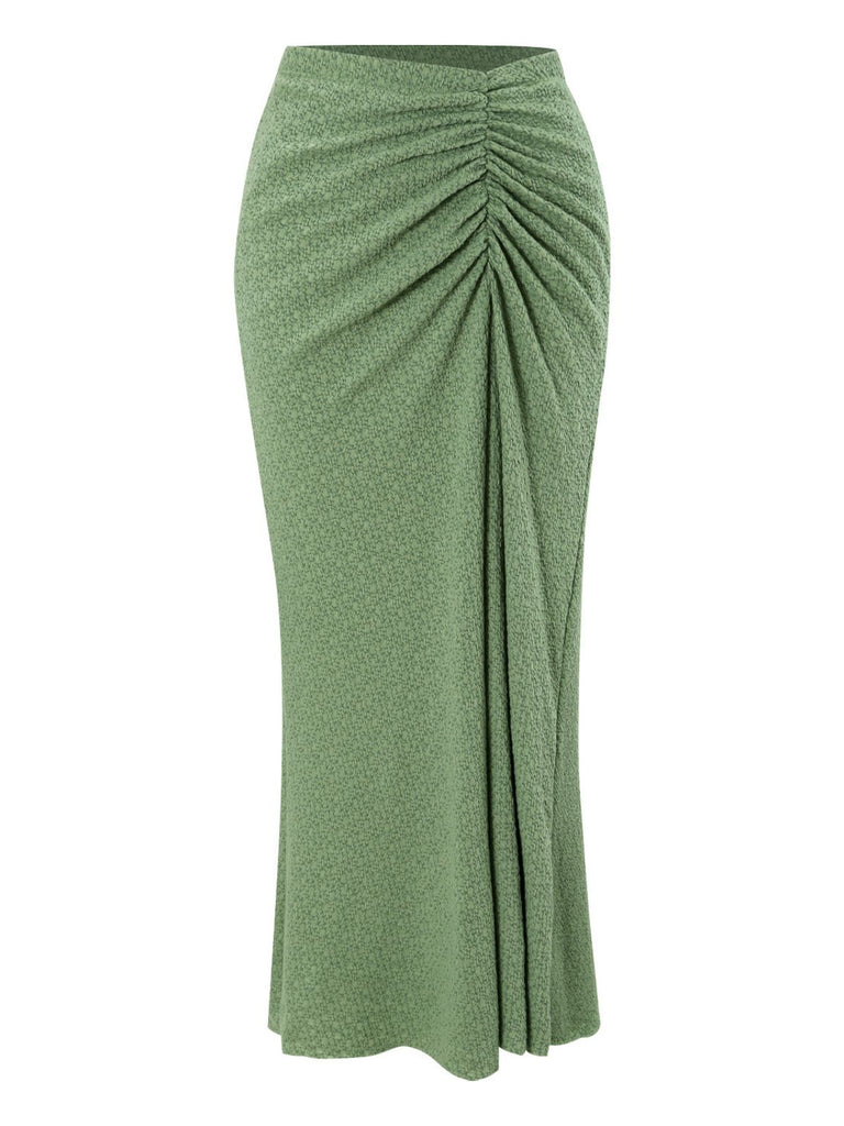 Green 1970s Boho Ruched Solid Cover-Up