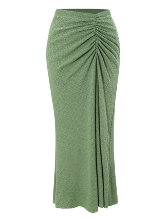 Green 1970s Boho Ruched Solid Cover-Up