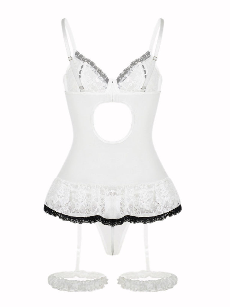 1970s Contrasted Lace Mesh Bow Lace-Up Lingerie Set