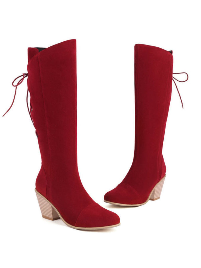 Suede Knee Lace-Up Block Heel Boots