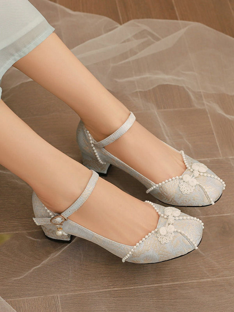 Floral Jacquard Pearl Mary Jane High Heels