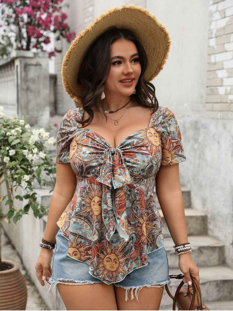 [Plus Size] Multicolor 1970S Boho Sun Print Bow Front Top