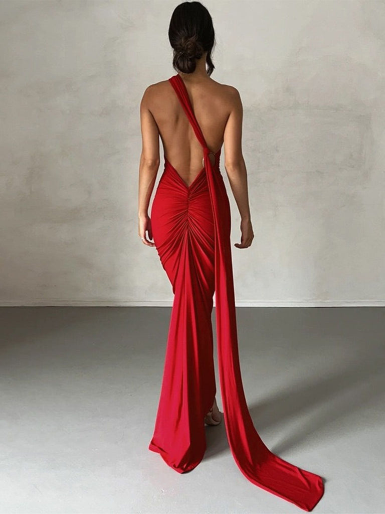 1980s Solid One-Shoulder Evening Backless Dress with Train
