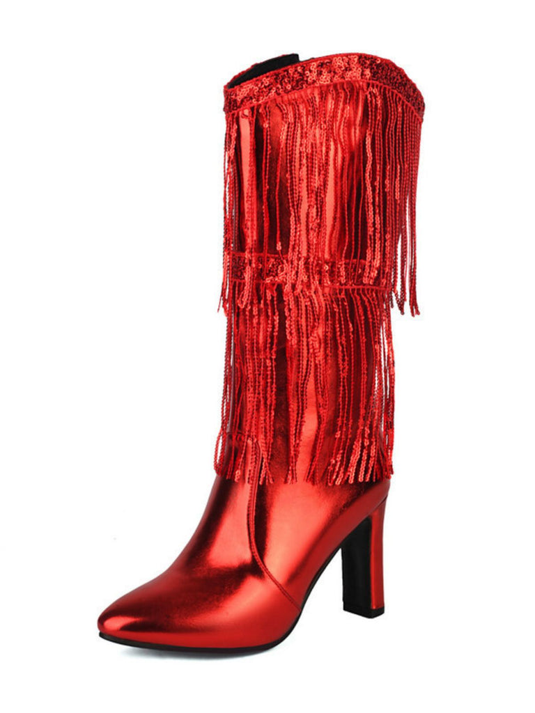 Metallic Pointed-toe Fringe Block-heel High Boots