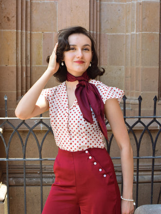 2PCS 1950s Red Polka Dot Blouse & Burgundy Pants