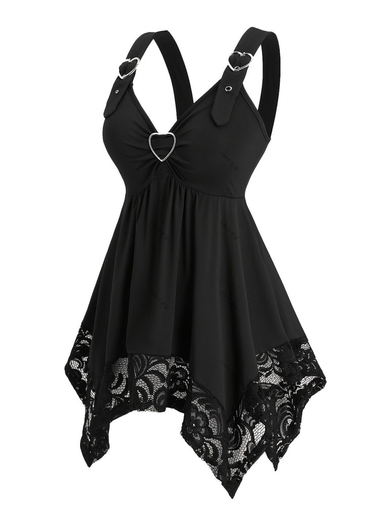 [Plus Size] Black 1970s Solid Heart Button Lace Tunic Top