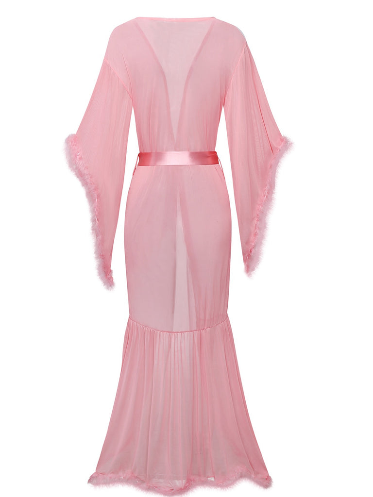 1930s Solid Feather Trim Lace-Up Mesh Robe