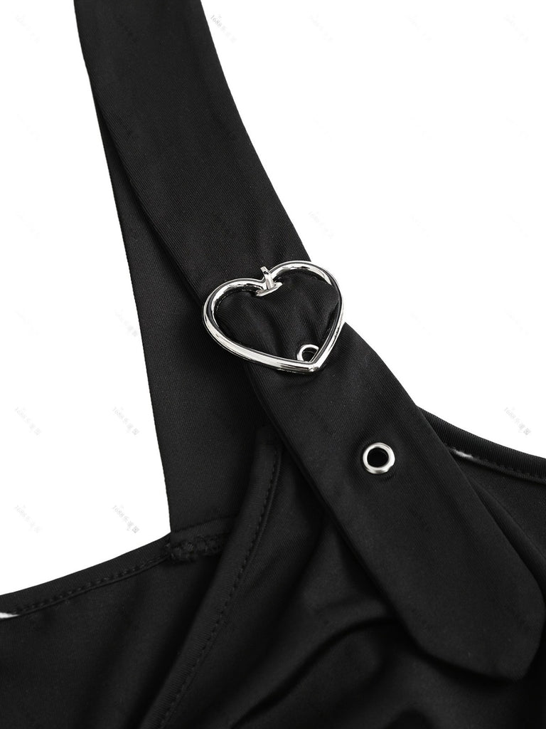 [Plus Size] Black 1970s Solid Heart Button Lace Tunic Top